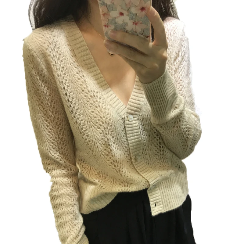 

BELIARST 2019 Spring and Summer New Openwork Cardigan Women V-neck Sweater Loose Thin Air Conditioning Shirt Linen Jacket