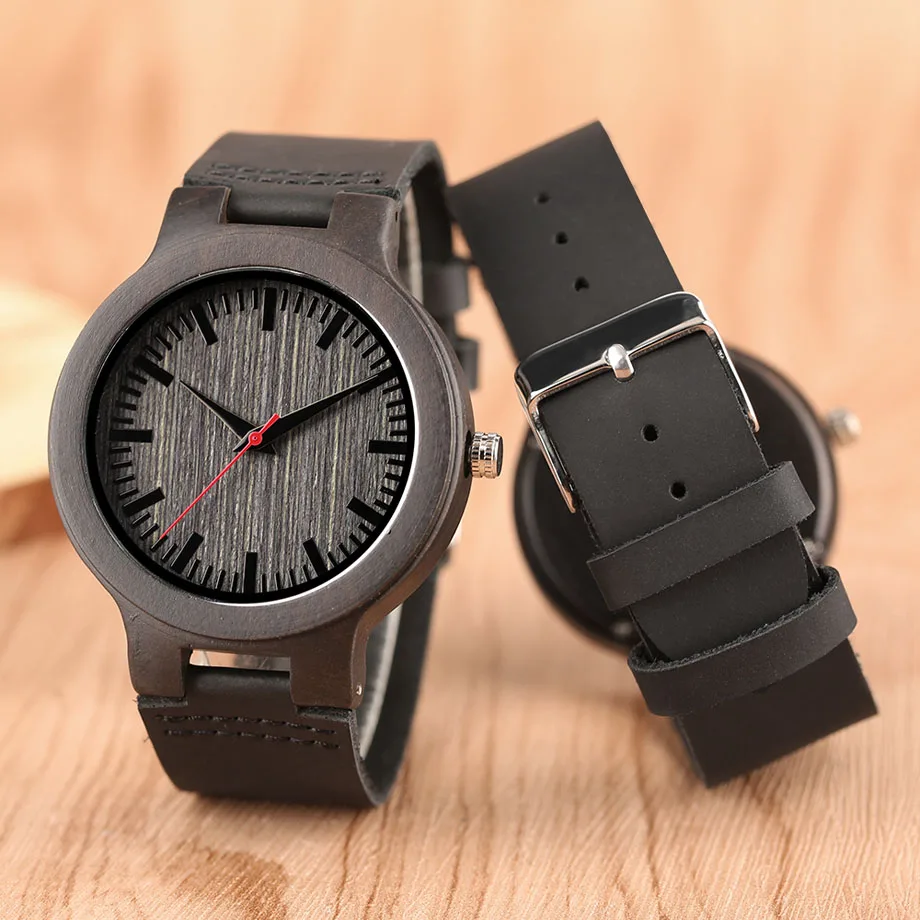 Minimalist Sandal Wood Watch for Couple Brand Design Black Real Leather RedBlack Second Hand Quartz Bracelet Sweetheart Gift  (11)
