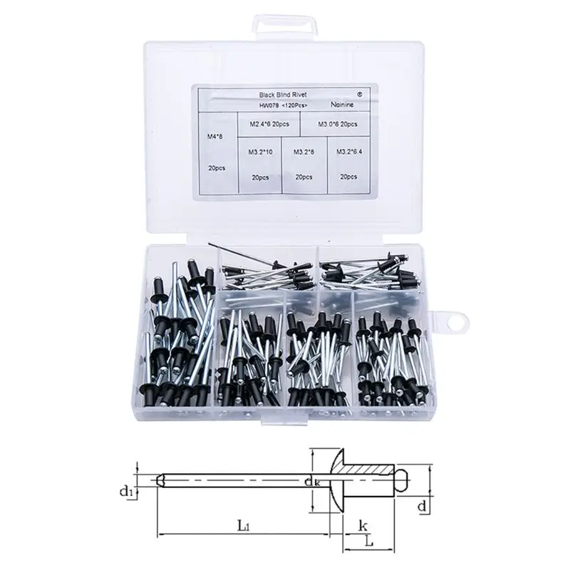 

120Pcs/set M2.4 M3.0 M3.2 M4 Black Aluminium Blind Rivets Nail Decoration Pop Rivets For Furniture Assortment Kit