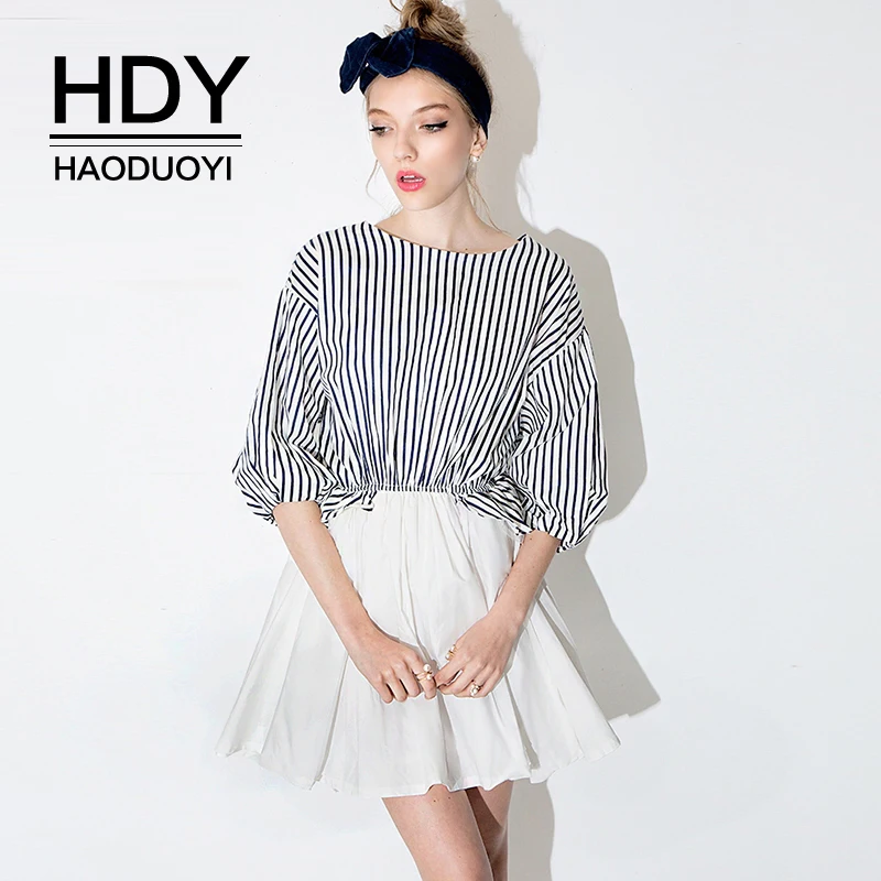 

HDY Haoduoyi Color Block Stripe Mini Dress Women Clothing Casual Preppy Contrast Female Vestido Patchwork Loose Summer Dress