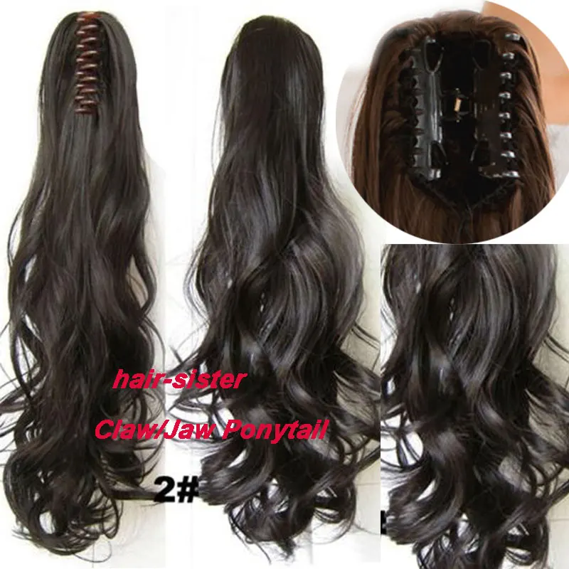 S-noilite 18 inches Long Ponytail Clip in Pony tail Hair Extensions Claw on Hair piece Wavy Black Brown Synthetic Fiber