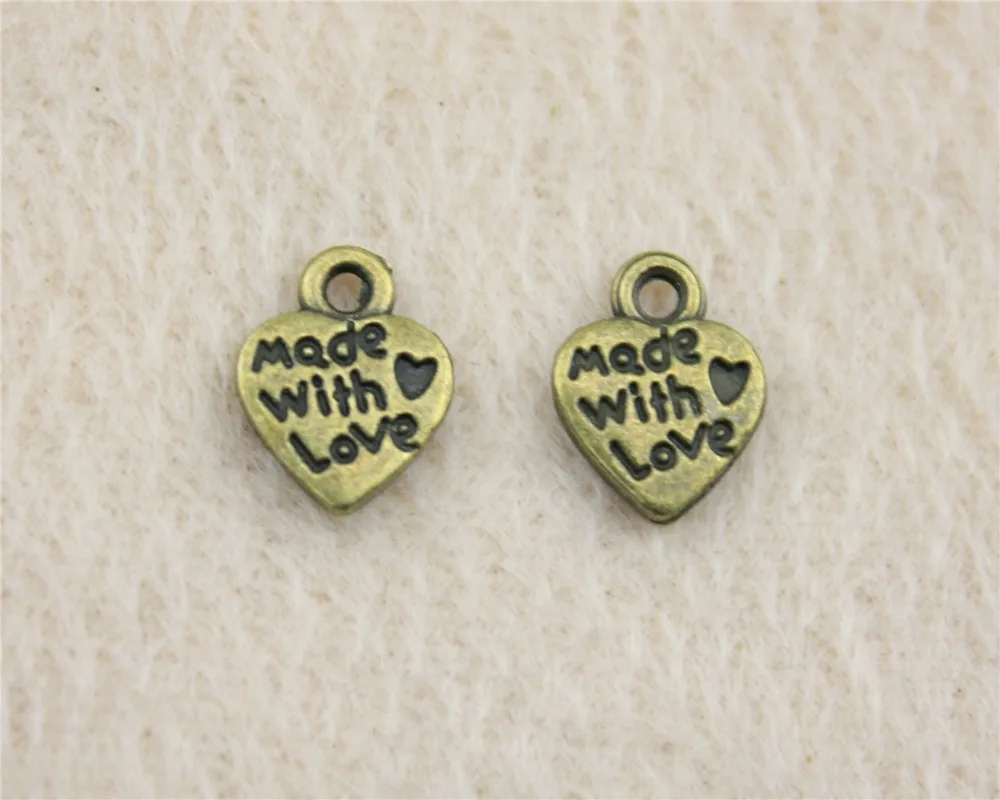 

130pcs/lot 10mm bronze or silver or copper Double Sided Made With Love charm Pendants DIY jewelry for bracelet necklace earring