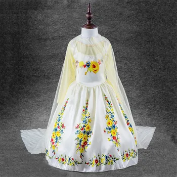 

New Hot Style Children's Clothes Girls Long Golden Dress Flowers Print Gauze Party Wedding Kids Clothing