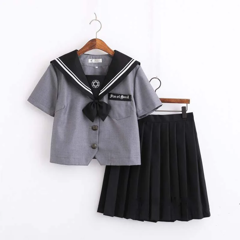 Dark Magic COS Japanese Girls Uniform Gray Shirt Dark Pleated Skirt Sailor Suits Novelty Women Preppy School Wear