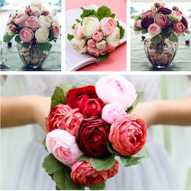 1 Bunch of 10 Heads Camellia Wedding Bridal Bouquet Artificial Silk