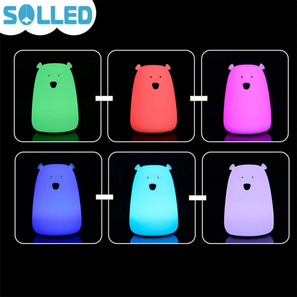 

SOLLED Colorful Little Bear Silicone 7 Colors LED Night Light Touch Sensor Lights Bedroom Light Cartoon Baby Nursery Toys Lamp