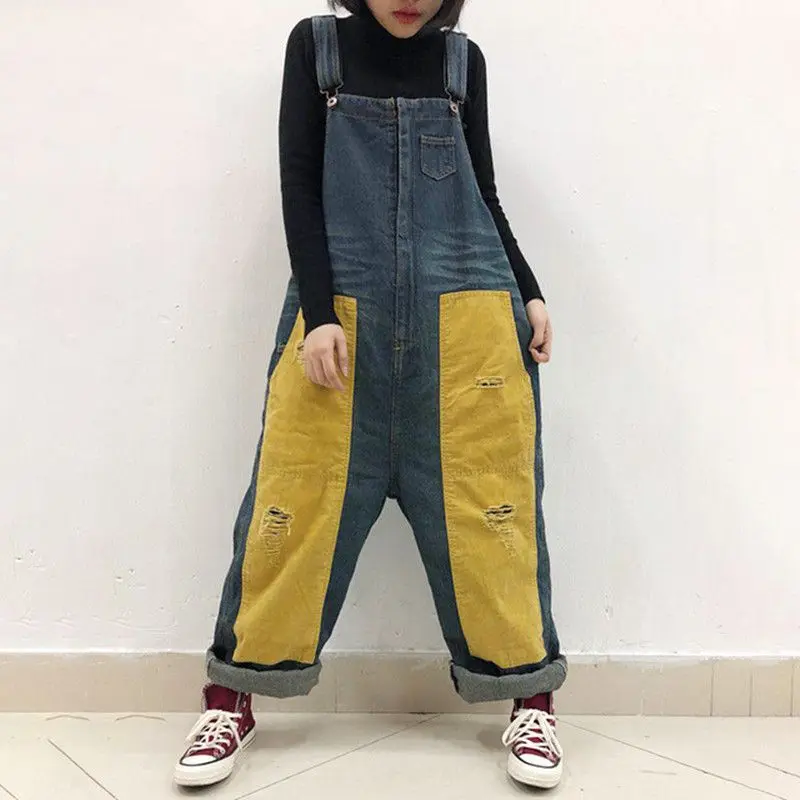

Wide Leg Drop Crotch Denim Rompers Women Baggy hole ripped jean Jumpsuits Plus Size Cargo torn Bib Suspender cowboy Overalls