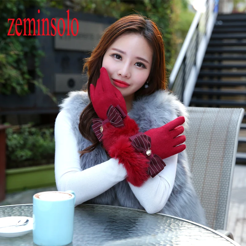 Double Layer Fashion Female Gloves For Touch Screens Winter Warm Wrist Bow Gloves Mittens Women Long Leather Gloves Female