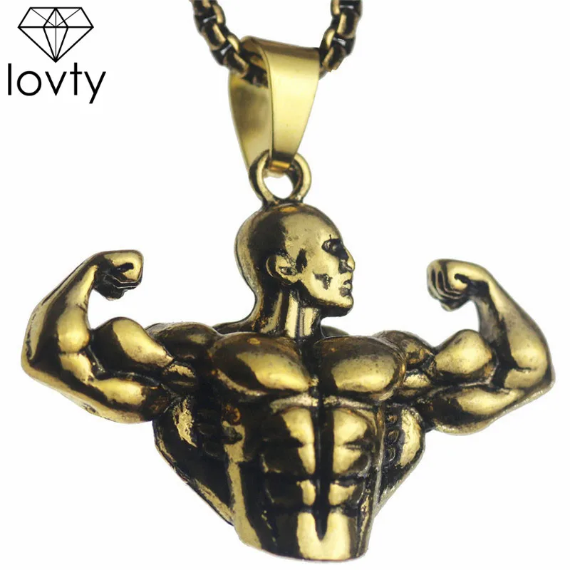 

lovty Strong Pendant Necklaces Long Stainless Steel Chain Muscle Men Sports Fitness Hip Hop Bodybuilding Jewelry for Men