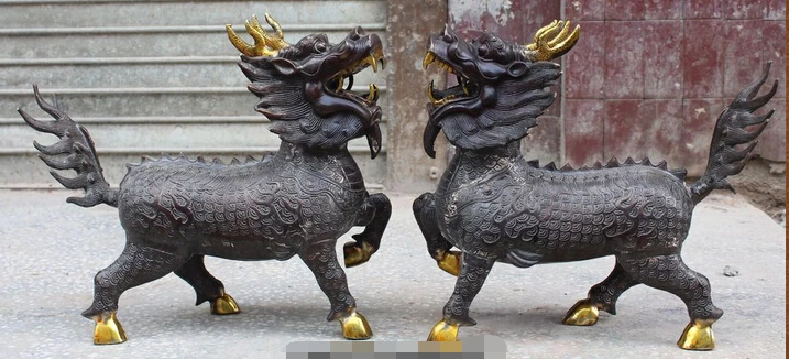 

bi003001 17" Chinese FengShui Bronze Gilt Kylin Kirin Guardion Beast Chi-Lin Statue Pair