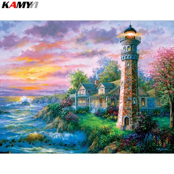 

Diamond Embroidery landscape Handmade Diamond Painting Lighthouse & House Needlework Mosaic Cross Stitch Home Decor XY1