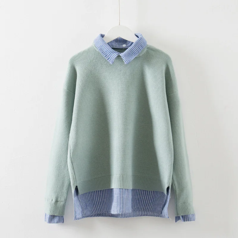Loose Turn-down Collar Women Sweater 2017 Winter New Fashion Shirt Sweater Fake Two Pieces Femme Comfort Soft Knitted Pullover