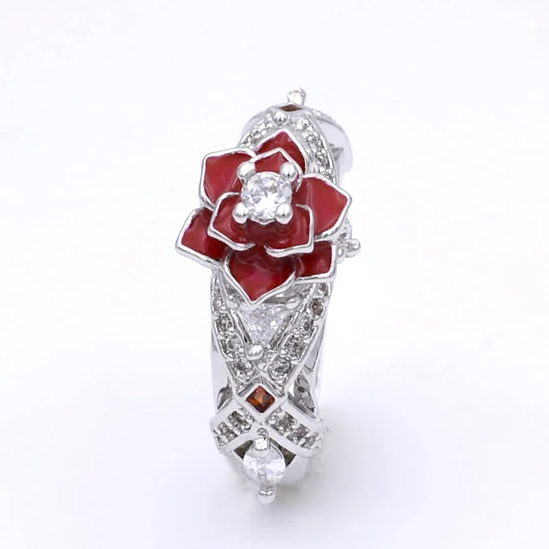 Floral Two Tone Promise Rose Women Ring with White and Red Zircon Fashion Charming Flower Wedding Rings Jewelry bague femme