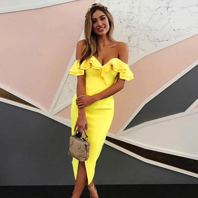 

Dresses Bodycon Dress 2018 Women Plus Size White Nightclub Midi Slim Wrap Party Off Shoulder Ruffles Split Bandage Summer Dress