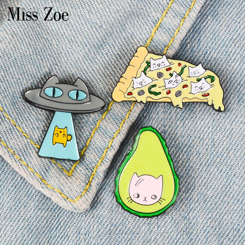 

Kawaii Cat Enamel Pin Cat Pizza UFO Avocado badge brooch Bag Clothes Lapel pin Cartoon Animal Jewelry Gift for Cat fans Kids