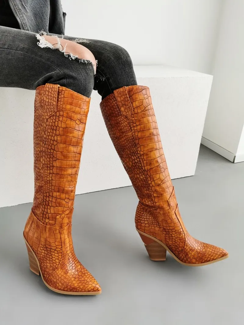 

US4-13 Women Pointed Toe Knee High Thigh Boots Crocodile Pattern Spike Chunky High Heel Pull On Western Shoes 12Colors Plus Size