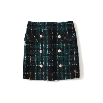 

Skirt Women Sexy High Waist Green Black Plaid Mini Short Skirt Casual Women Office Lady Double-breasted Tweed Skirt Y155