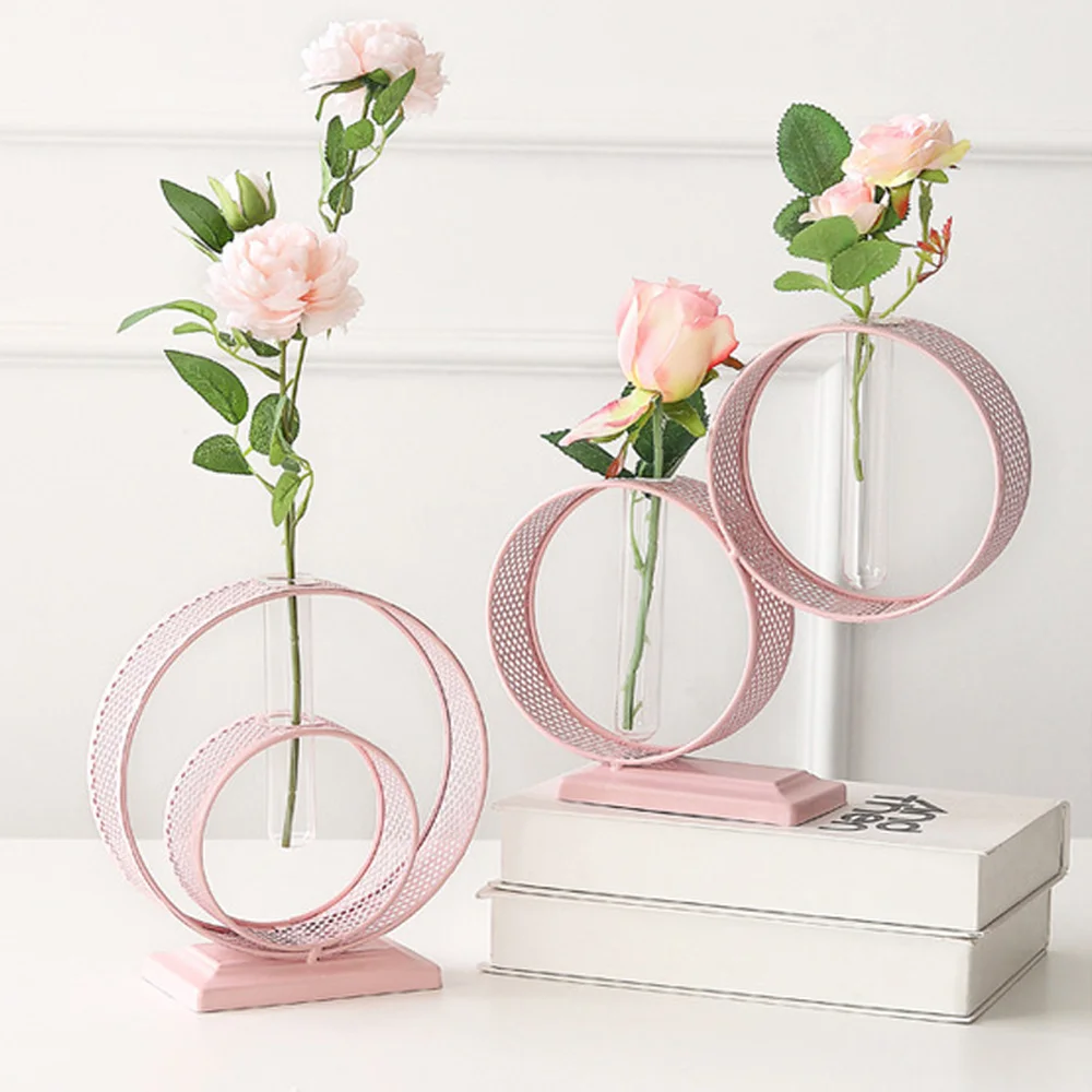 Ins Nordic Style Glass Test Tube Iron Art Vase Geometric Shape Pink