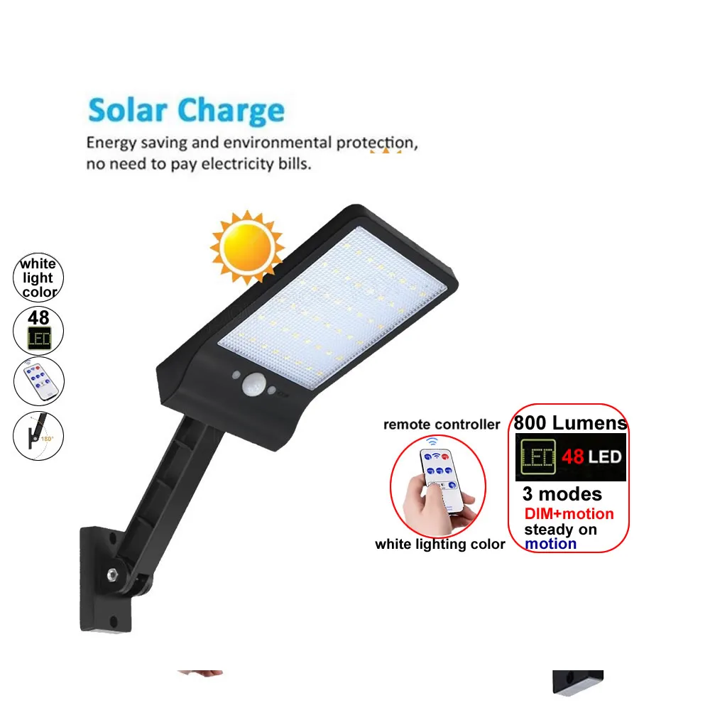 

48 LED Solar Powered Wall Light PIR Motion Sensor Street 3Modes IP65 Waterproof Lamp for Pathway Ga Lamps fo