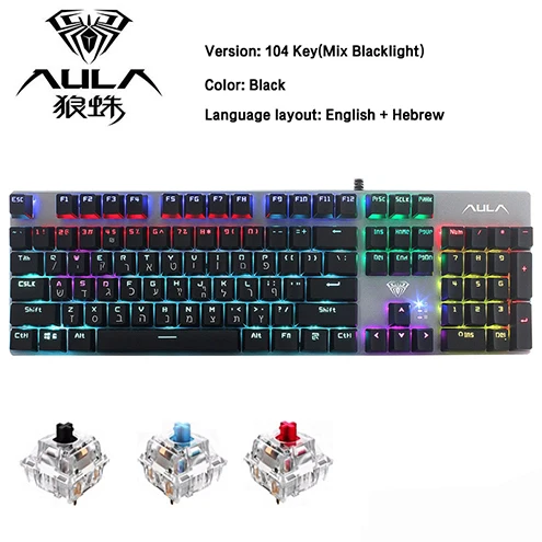 AULA игровая механическая клавиатура с 104 клавишами, проводная, с подсветкой, металлическая, с защитой от привидения, USB, английский, иврит, русский, испанский, арабский - Цвет: English Hebrew