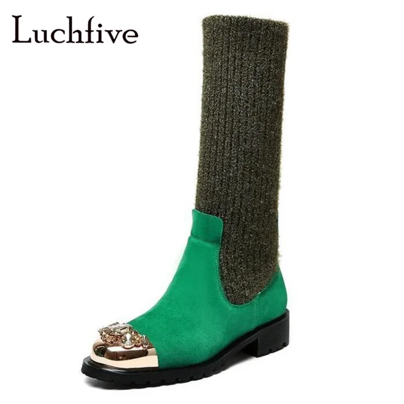 

Hot Knitting Wool Ankle Boots Women Rhinestone Round Toe Kid Suede Short Boots Blue Low Heels Slip on Elastic Shoes Woman