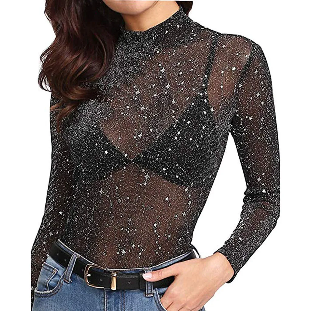 Feitong Women Sequin Tshirt See Through Long Sleeve Glitter Top Mesh