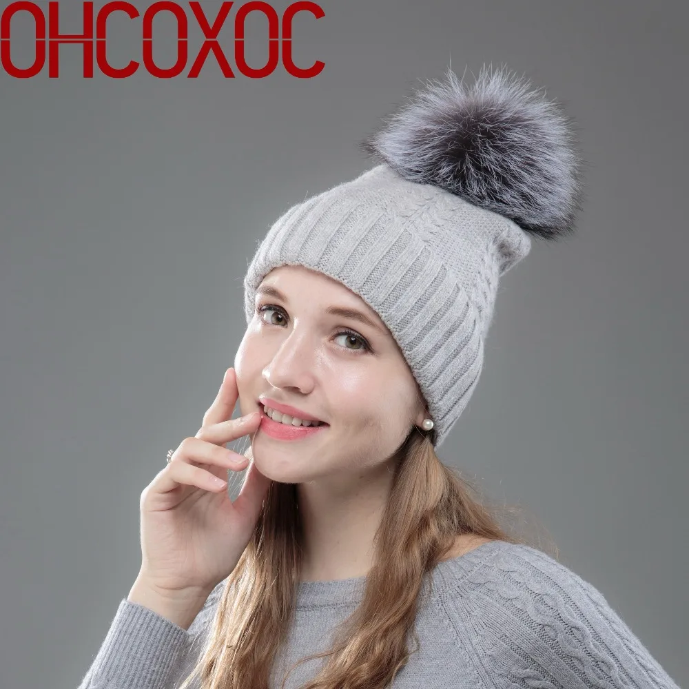 Дизайн, женские шерстяные зимние шапки с натуральным лисьим мехом, помпонами с животными, кашемировые, мягкие, толстые, с плетеным узором, женские skullies gorras