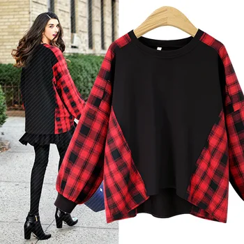 

2018 New Hot Autumn Winter Plus Size Patchwork Loose Fashion Cotton Plaid T-shirt Female Long Sleeved Shirt Women Tops