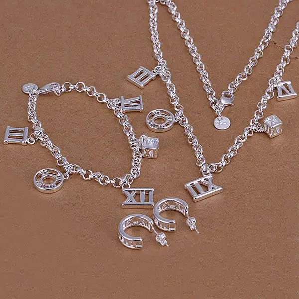 

S113 Hot sale free shipping silver fine jewelry sets,Wholesale 925-Sterling-Silver charms fashion Roman Earrings Three-Piece