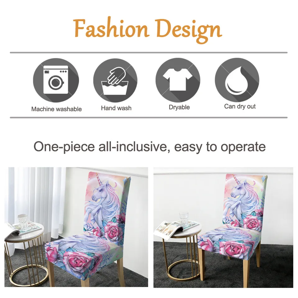 BeddingOutlet يونيكورن كرسي يغطي ارتفع الكرتون دنة مرونة الغلاف الوردي الأزهار مقعد حالة ديكور لحفلات الزفاف مأدبة 1 قطعة