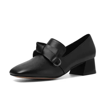 

2019 autumn new fashion simple solid color high heels women retro style leather comfortable bow decoration casual high heels