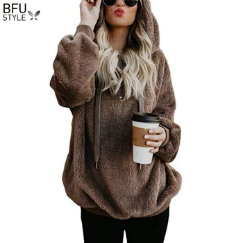 

2020 Autumn Winter Women Plush Fluffy Hoodies Casual Solid Zipper Long Sleeve Sweatshirt Pink Red Black Fleece Pullover Tops