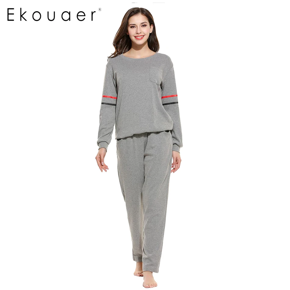 Ekouaer Для женщин пижамный комплект Демисезонный хлопковое ночное белье Пижамные комплекты Повседневное шею комплект домашней одежды