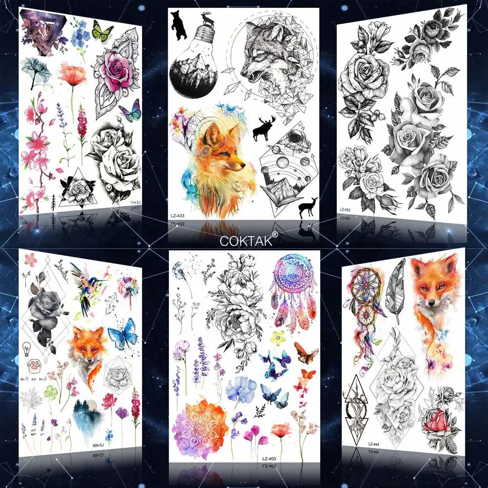 

Flash Fox Dreamcatcher Black Wolf Temporary Tattoo Stickers Women Body Arm Henna Flower Fake Tattoos Butterfly Bulb Tatoo Paper