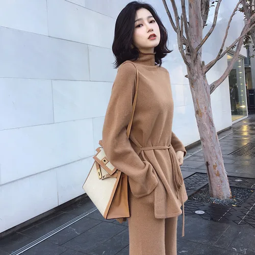 

2019 Early Autumn Woman Two Piece Turtleneck Knitted Sweater Wide Leg Pants Knitting Suit