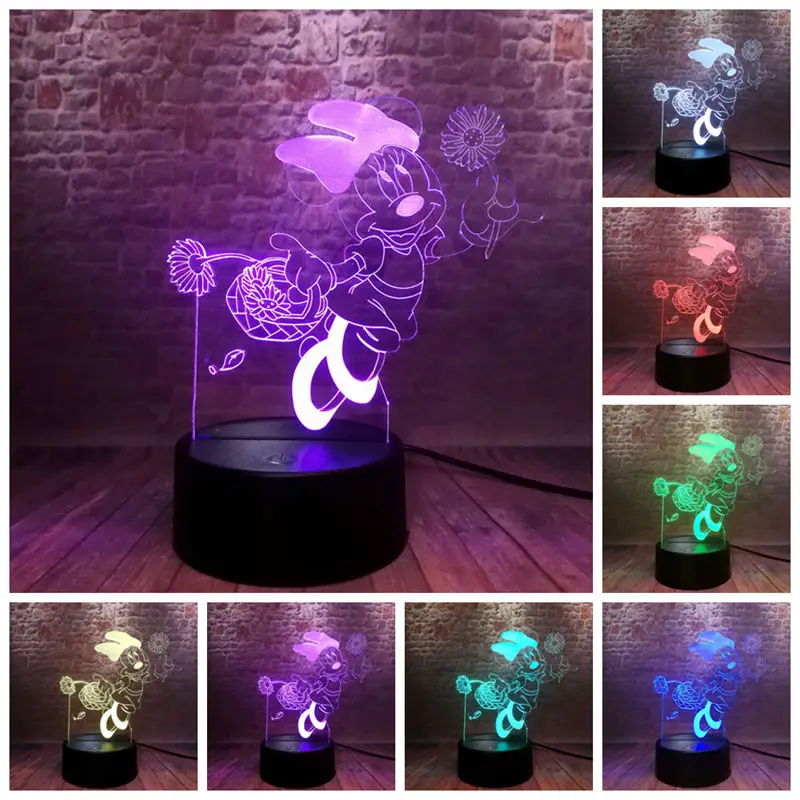 

Baby Minnie Anime Figuras Model 3D Nightlight LED 7 Colors Changing Light Mickey Mouse Family Minnie Mouse Cartoon Figure Toys