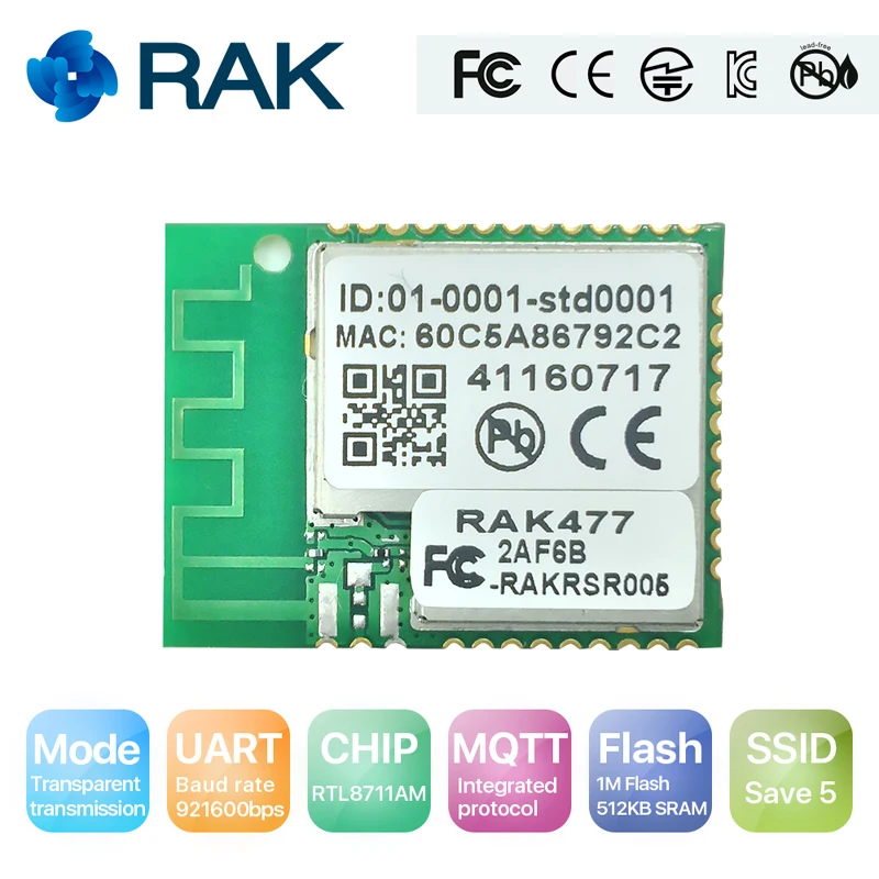 

Wireless IoT Module RAK477 Low Power Tiny Size UART Serial to WIFI Industrial Module Tcp Ip MQTT Save 5 SSID AP STA Mode Q111