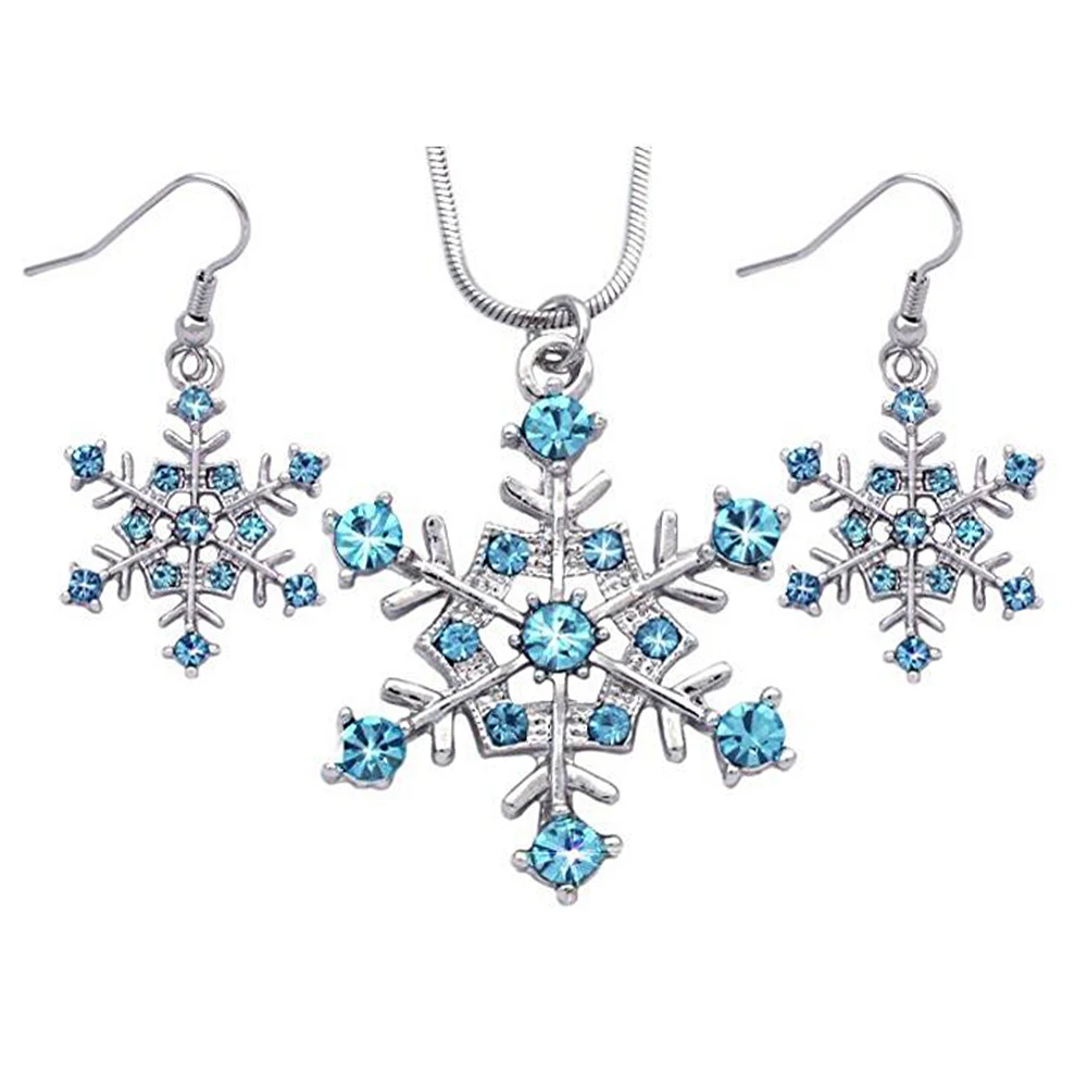 Изысканный Синий Кристалл инкрустация металлическое ожерелье с подвеской «Снежинка» серьги для лучшего Зимний Рождественский подарок ювелирный набор