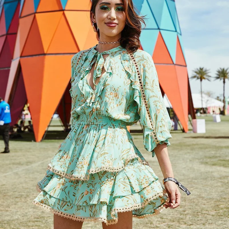 

Bohemian Ruffle Elegant Dress Summer 2019 Women Long Sleeve Loose Beach Mini Dress Femme Fashion Print Holiday Loose Boho Dress