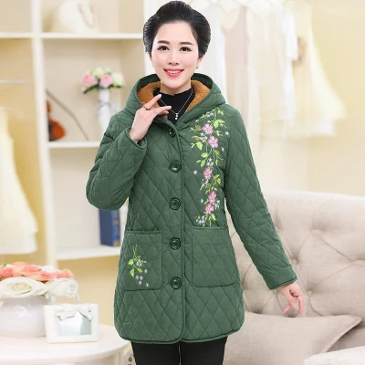 Новая женская одежда с вышивкой для мамы плюс бархатная куртка новая мода длинный рукав для среднего возраста толстое пальто с капюшоном парки H792 - Цвет: ink green