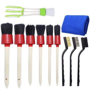 

11 Pieces Auto Detailing Brush Set Including 6 Pcs Natural Boar Hair Detail Brush 3 Pcs Wire Brush 1 Pcs Wash Cloth and 1 Pcs
