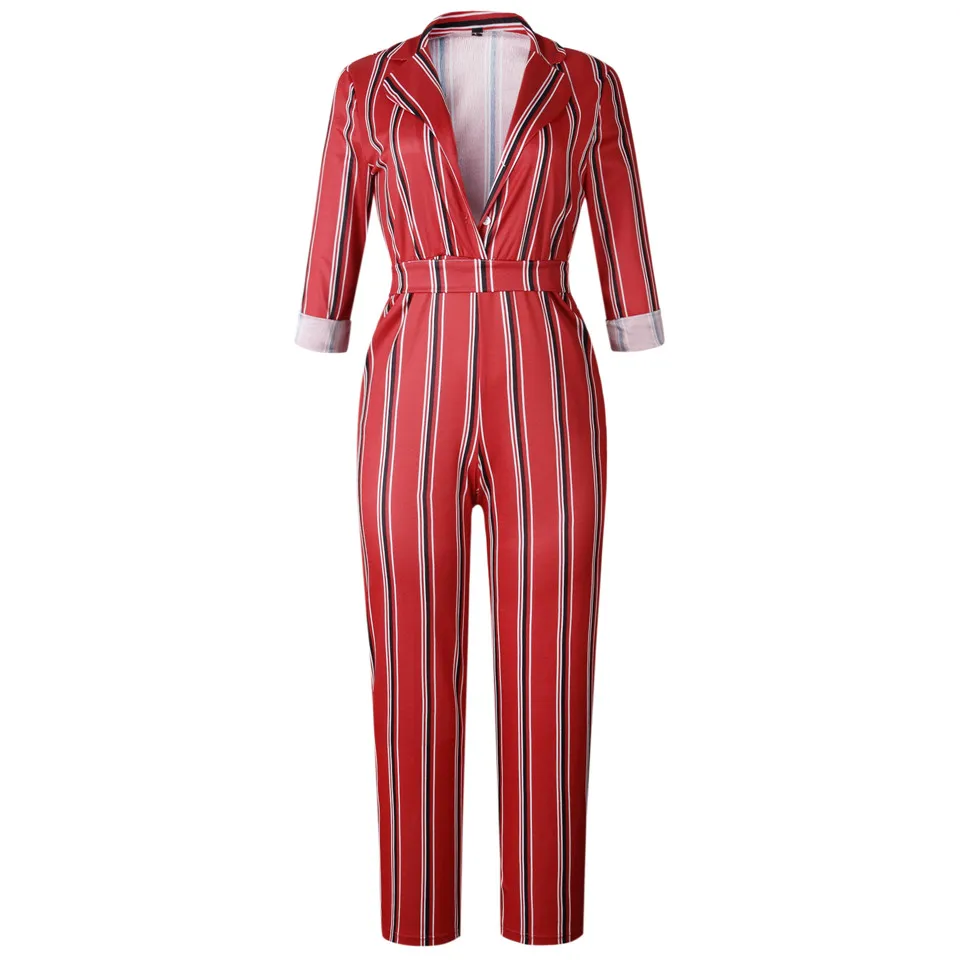 Fashion striped printed jumpsuits for women 2018 Half sleeve turn down collar long rompers womens jumpsuit Autumn new overalls