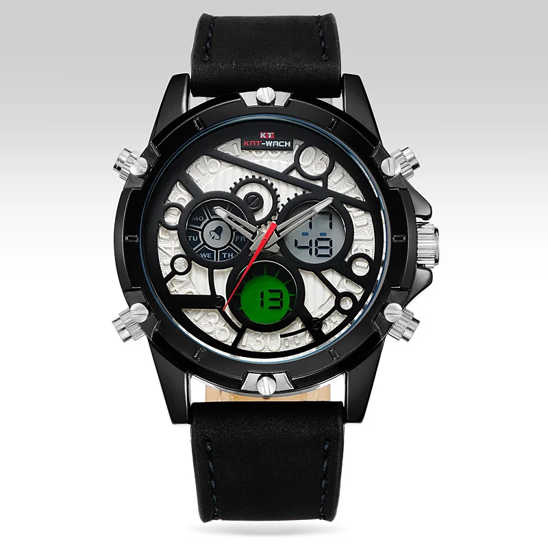 

KAT-WACH Men Sport Dual Display Watches Fashion Analog Digital LED Electronic Japan Quartz Wristwatches Leather Date Alarm Watch