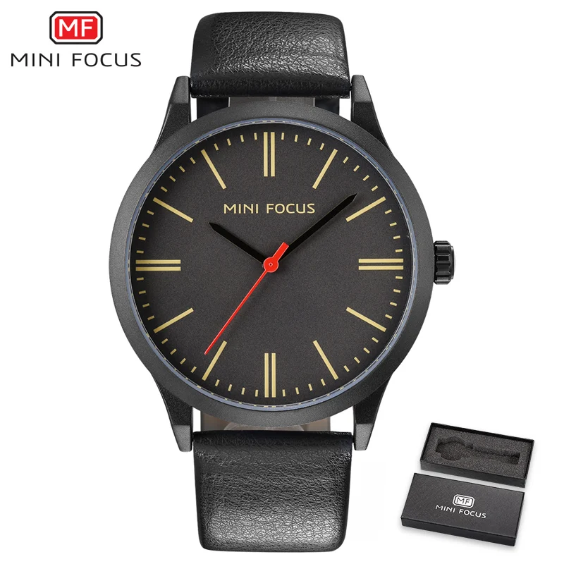 Мини фокус люксовый бренд для мужчин s наручные часы Роскошный Дизайн Кварцевые часы для мужчин водонепроницаемый черный кожаный ремешок Montre Homme мужские часы - Цвет: Золотой