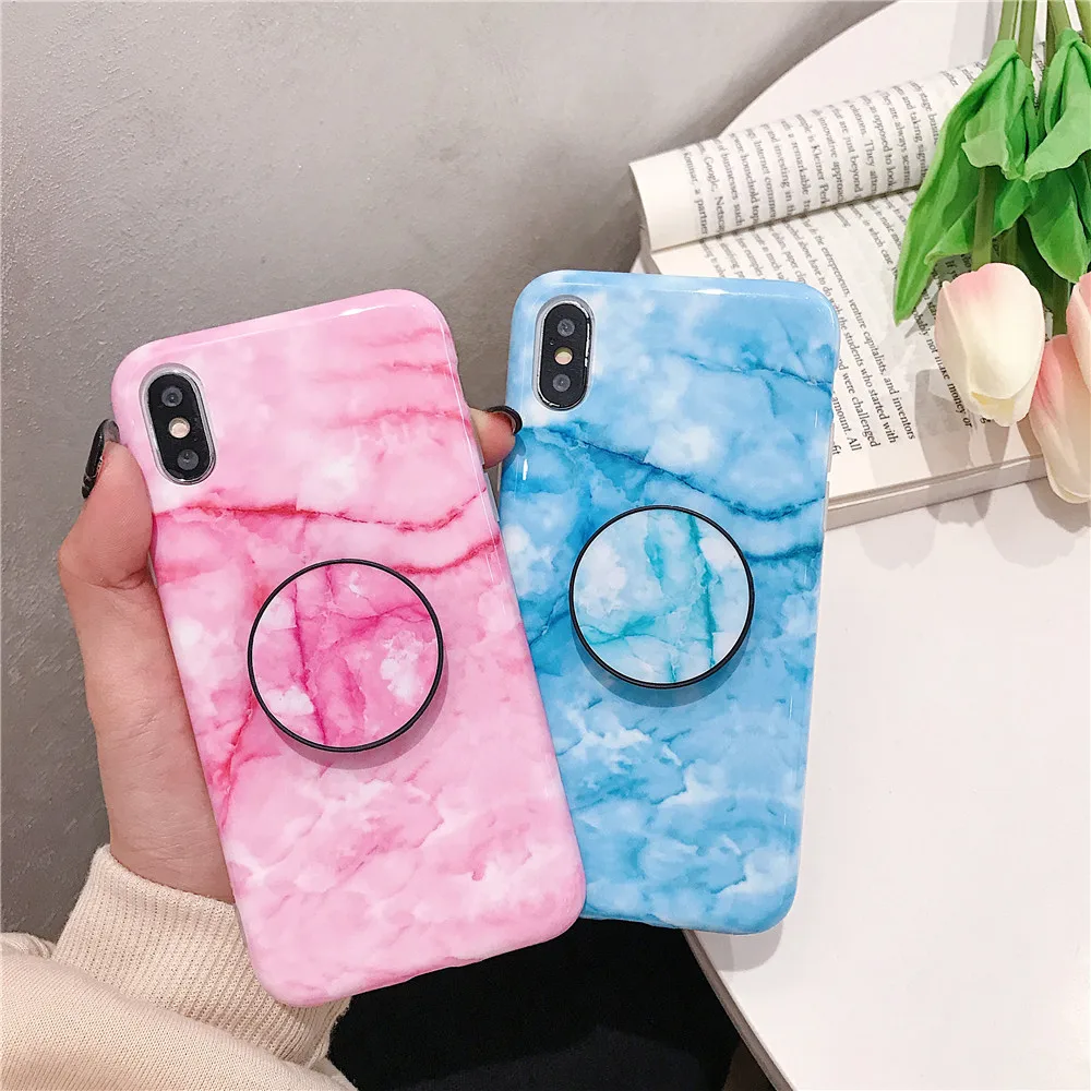 

Marble Pattern Silicone Case for iPhone 7 6 8 Plus 6s X Cute Shell Cover Bumper Skins with Fashion Phone Holder Kickstand