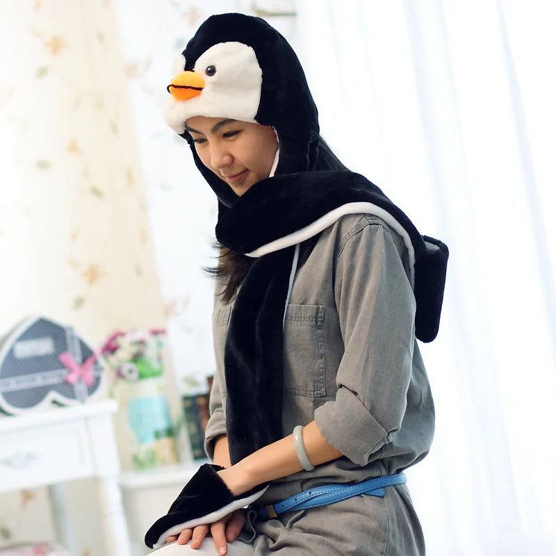 

cute cartoon penguin hat toy stuffed long earflap black penguin warm hat with gloves 0339