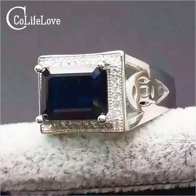 Роскошное кольцо с сапфиром Для мужчин 7 мм* 9 мм, настоящий черный сапфир, чистое серебро 925 пробы, мужское кольцо из крупнейшего китайского сапфира