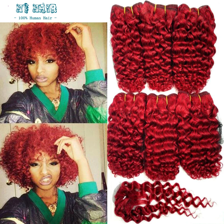 6a Cheap Brazilian Human Curly Weave 6 Bundles With A Closure Red