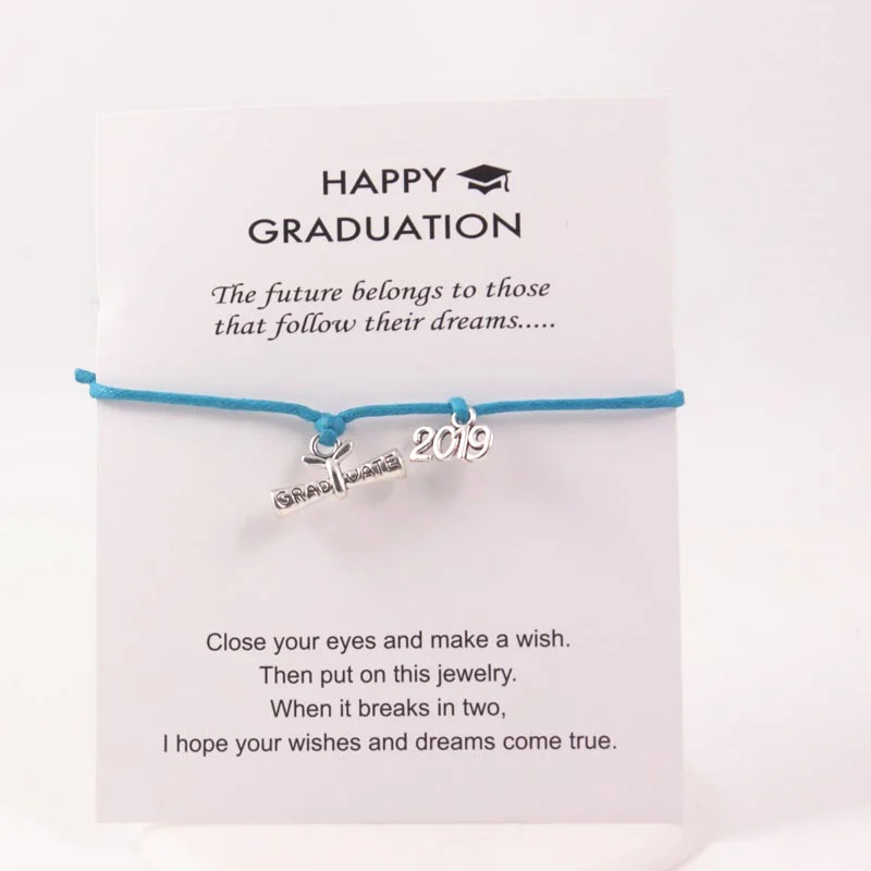 

Blue Leather Rope Bracelets 2019 Diploma Dangle Charms Adjustable Wish Card Bracelets For Student Graduation Gift