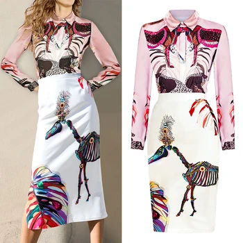 

Runway Women Set 2020 New Fashion Two Piece Suits Fashion Luxury Designer Art Print Long Sleeve Office Lady Blouse + Midi Skirt